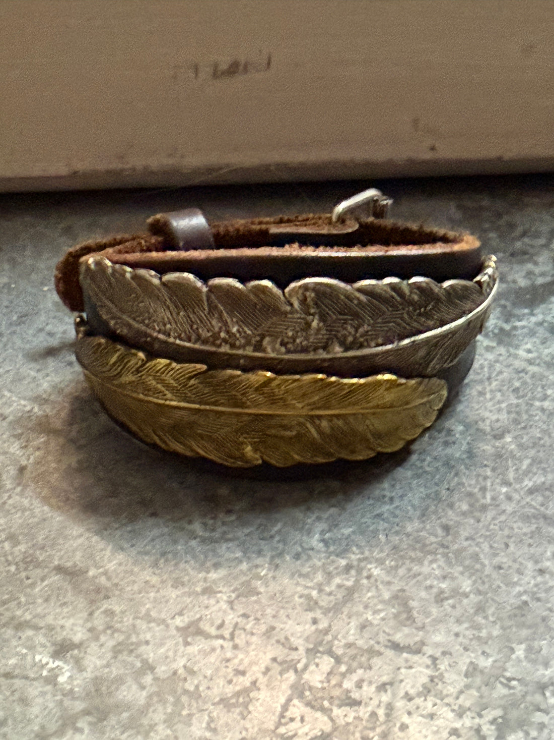 Mixed Metal Feather Leather Buckle Bracelet