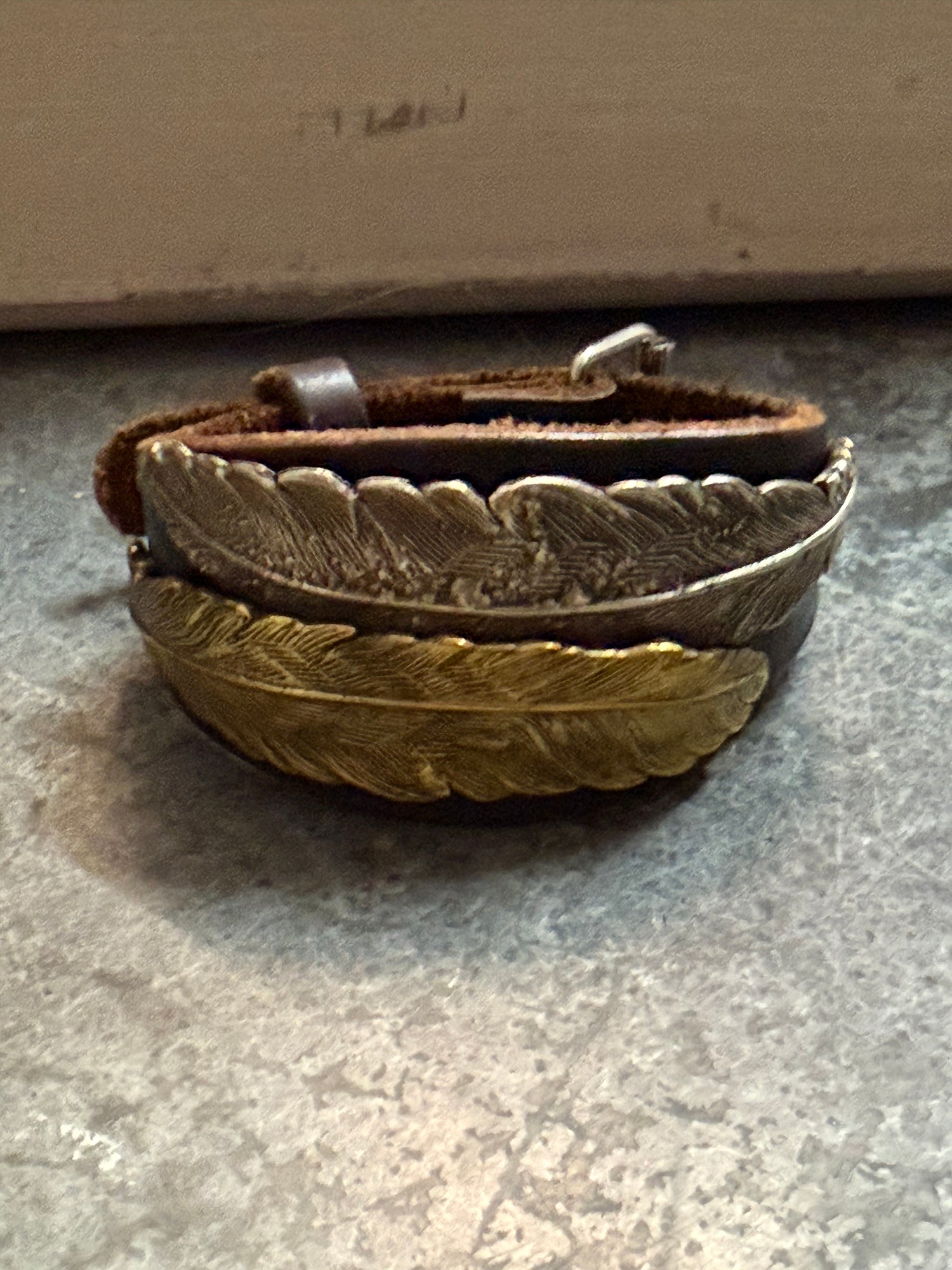 Mixed Metal Feather Leather Buckle Bracelet