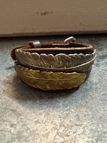 Mixed Metal Feather Leather Buckle Bracelet