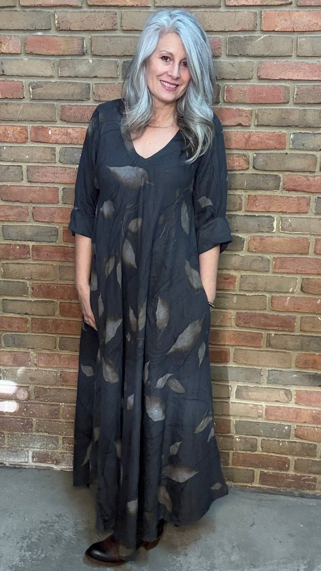 Charcoal Printed Linen Dress - Vintage Vault Boutique
