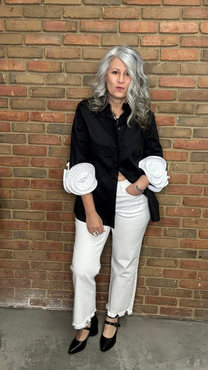 Black Shirt with White Rose Cuff - Vintage Vault Boutique