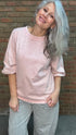 Woman wearing the Basic Long Sleeve Crew Neck Top in Pink Salt paired with Oyster Grey Big Pocket Jeans