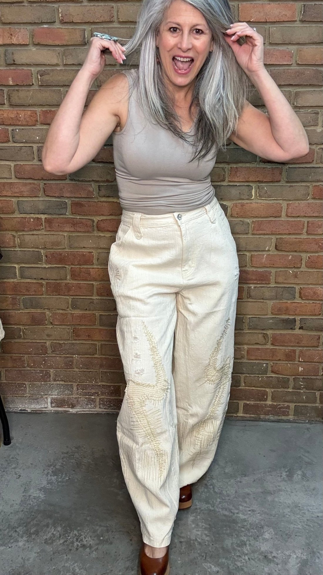 Natural Wide Fit Stitched Pants - Vintage Vault Boutique