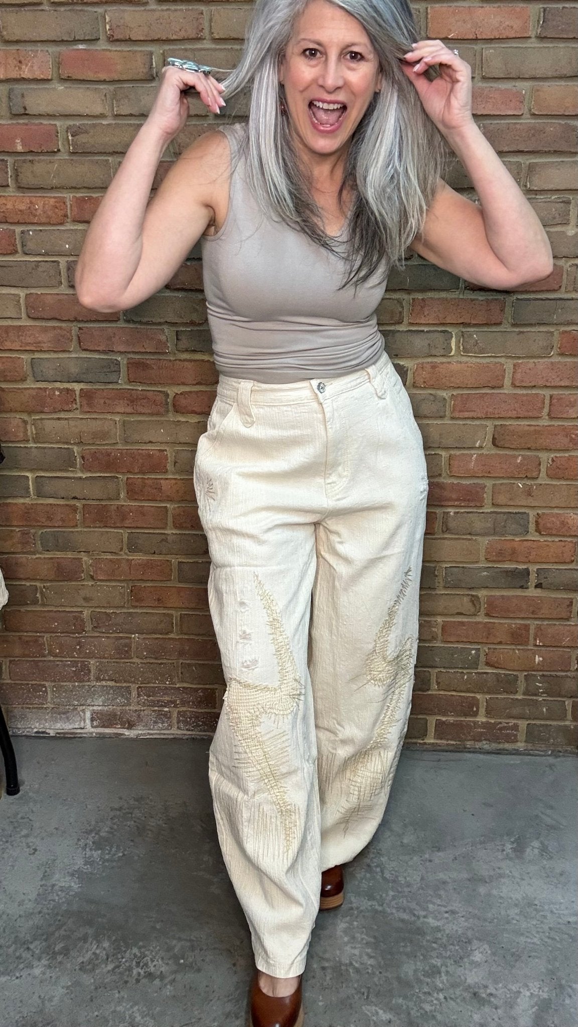 Natural Wide Fit Stitched Pants - Vintage Vault Boutique
