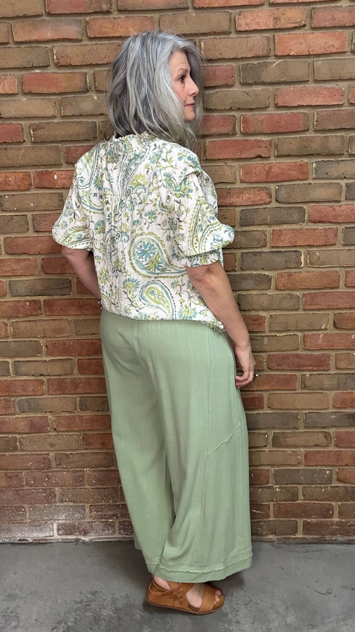 Sage Linen Blend Stitch Pant - Vintage Vault Boutique