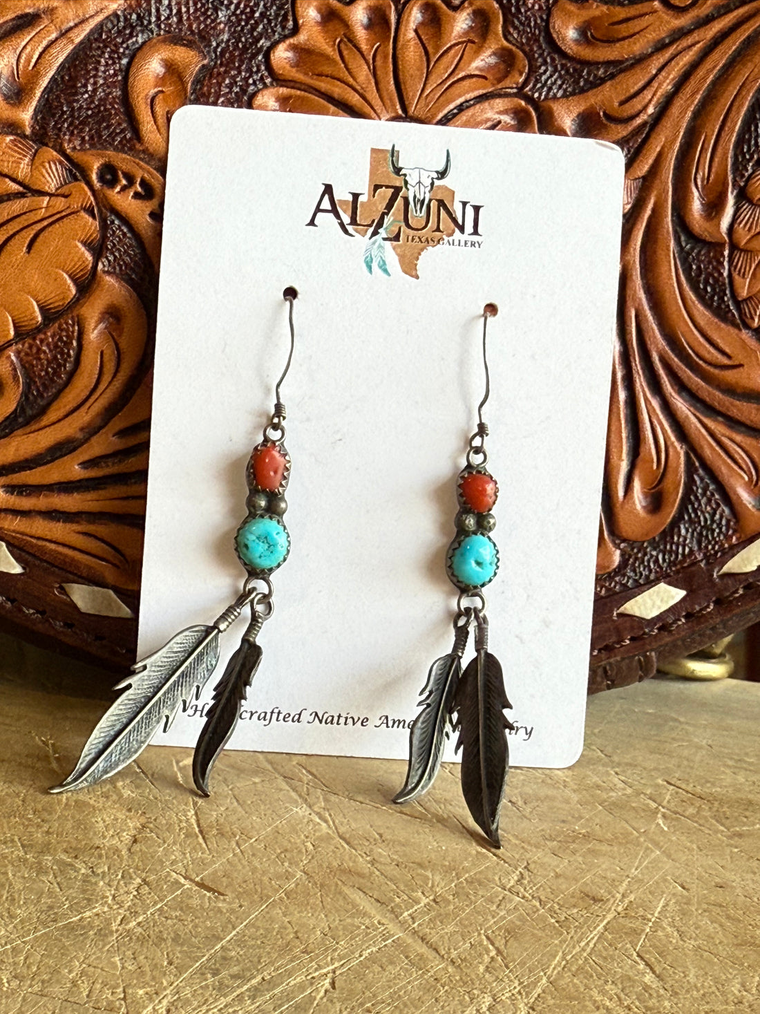 Vintage Turquoise Coral Dangle Feather Earrings