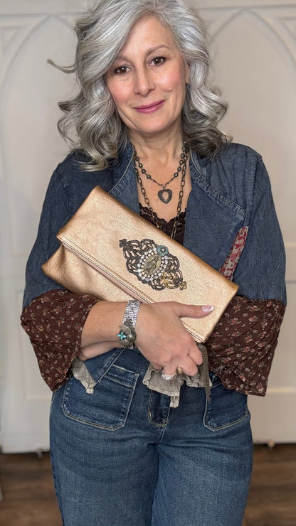 Peach Leather Embellish Clutch - Vintage Vault Boutique