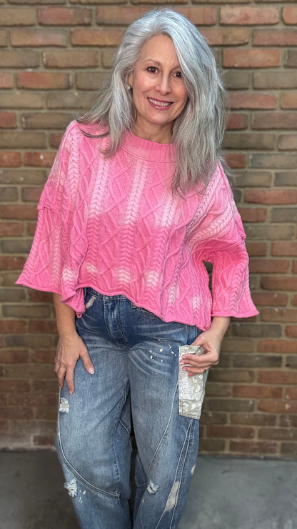 Woman wearing Dusty Pink Ombre Sweater paired with Big Pocket Denim Pants