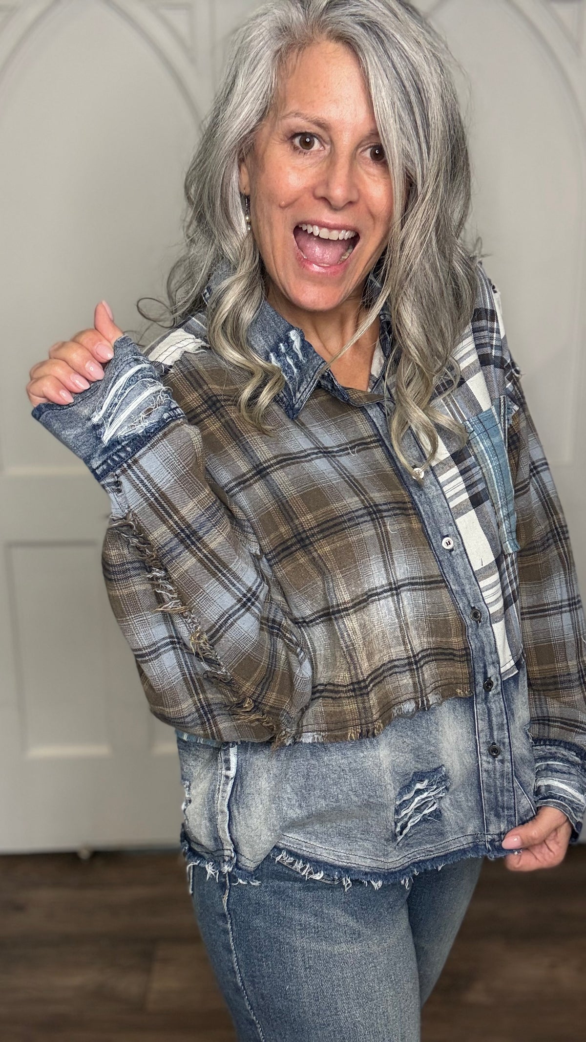 Denim Plaid Mix Button Down Shirt