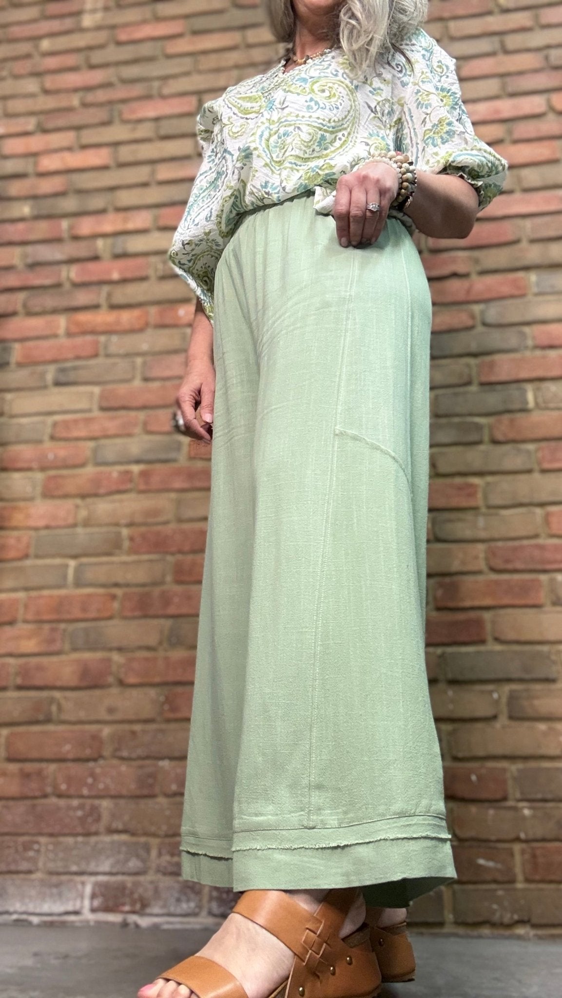 Sage Linen Blend Stitch Pant - Vintage Vault Boutique