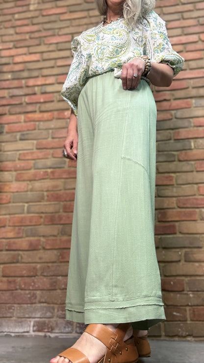 Sage Linen Blend Stitch Pant - Vintage Vault Boutique