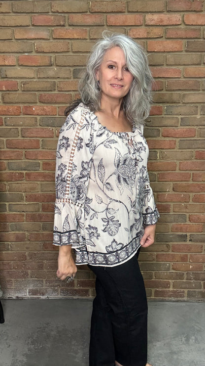 Ivory Printed Tie Neck Top