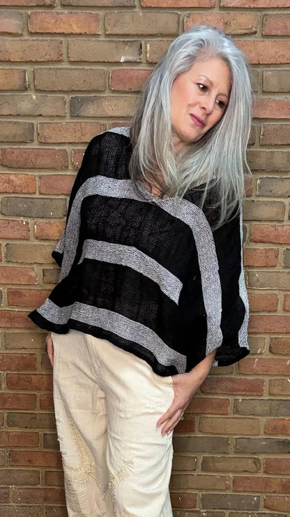 Charcoal and Black Striped Linen Topper - Vintage Vault Boutique
