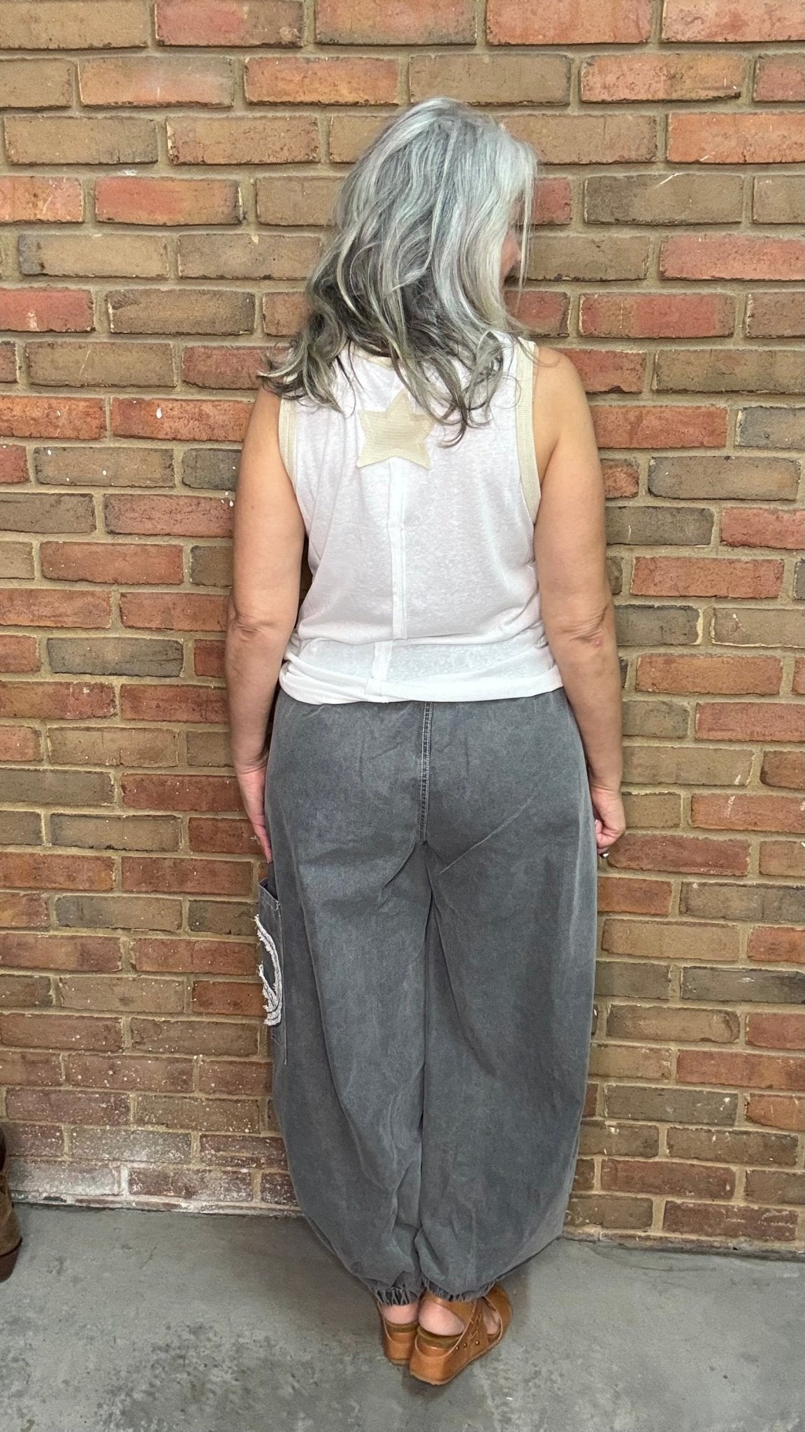 Charcoal Peace Applique Pant - Vintage Vault Boutique