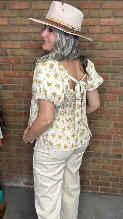 Cream/Yellow Smocked Top - Vintage Vault Boutique