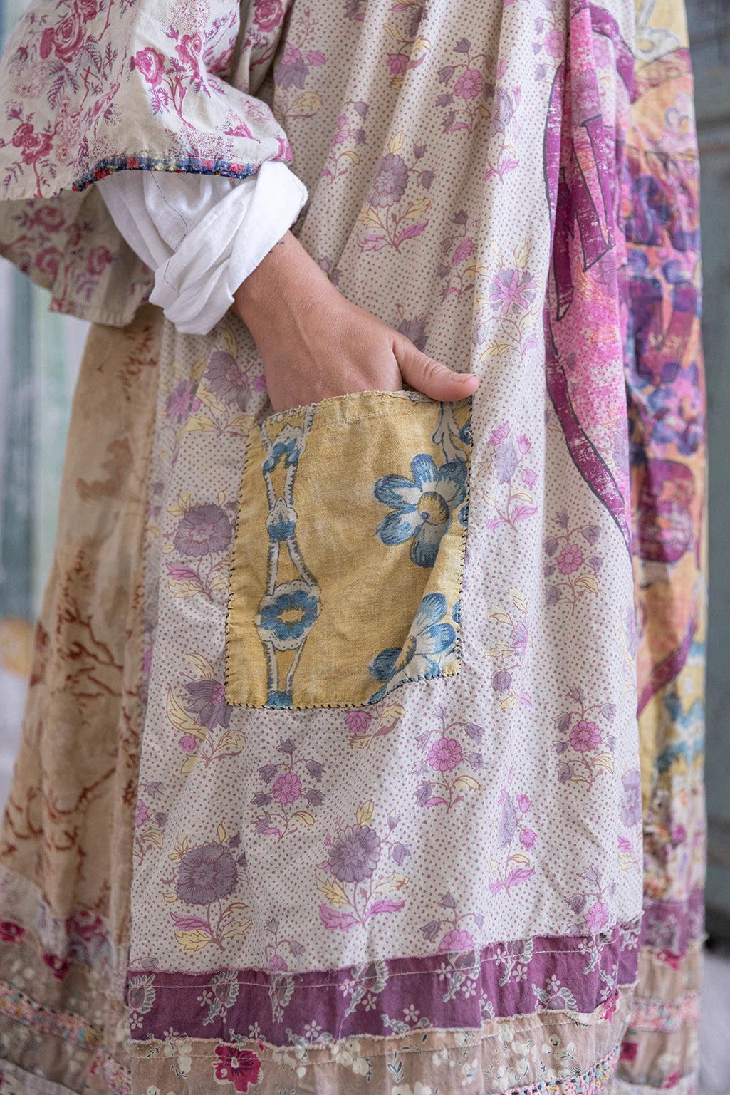 Close up on yellow and blue pocket detail on Patchwork Malibu Dress