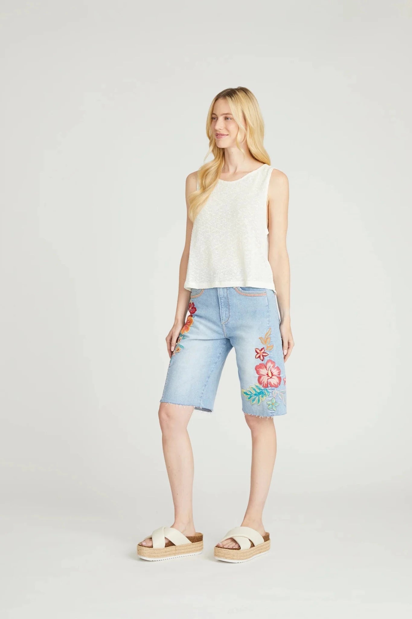 Hibiscus Denim Jorts - Vintage Vault Boutique