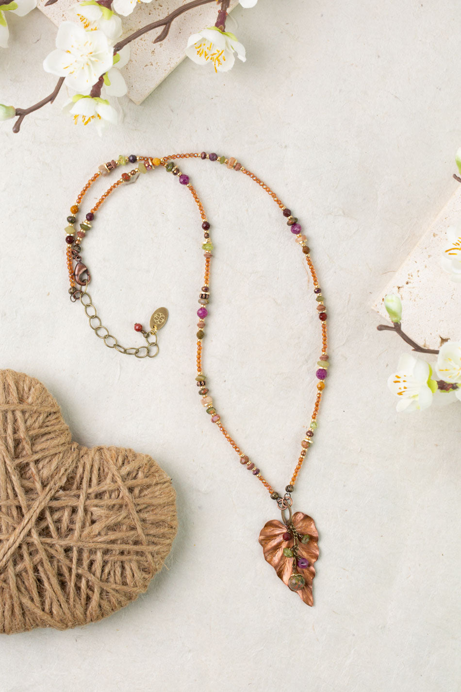 Dominion 19.5-21.5&quot; Mookaite, Peridot, Unakite With Antique Copper Leaf Pendant Simple Necklace