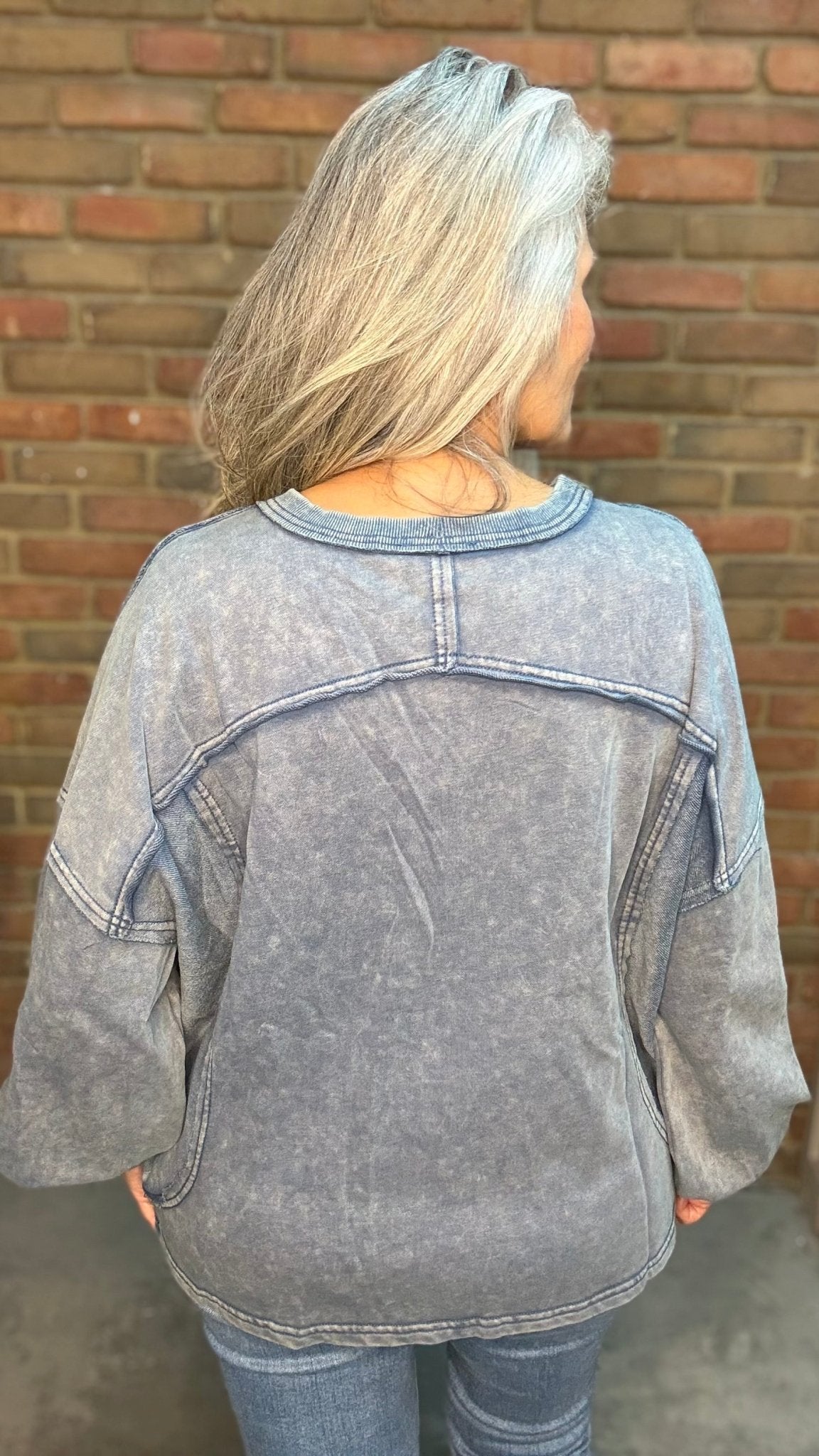 Navy V-Neck Terry Pullover - Vintage Vault Boutique