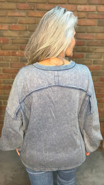 Navy V-Neck Terry Pullover - Vintage Vault Boutique