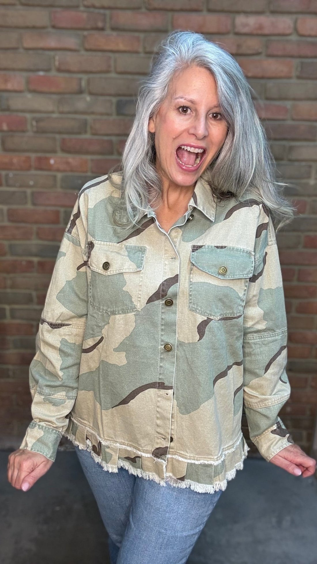 Camo Ruffle Hem Peace Jacket - Vintage Vault Boutique