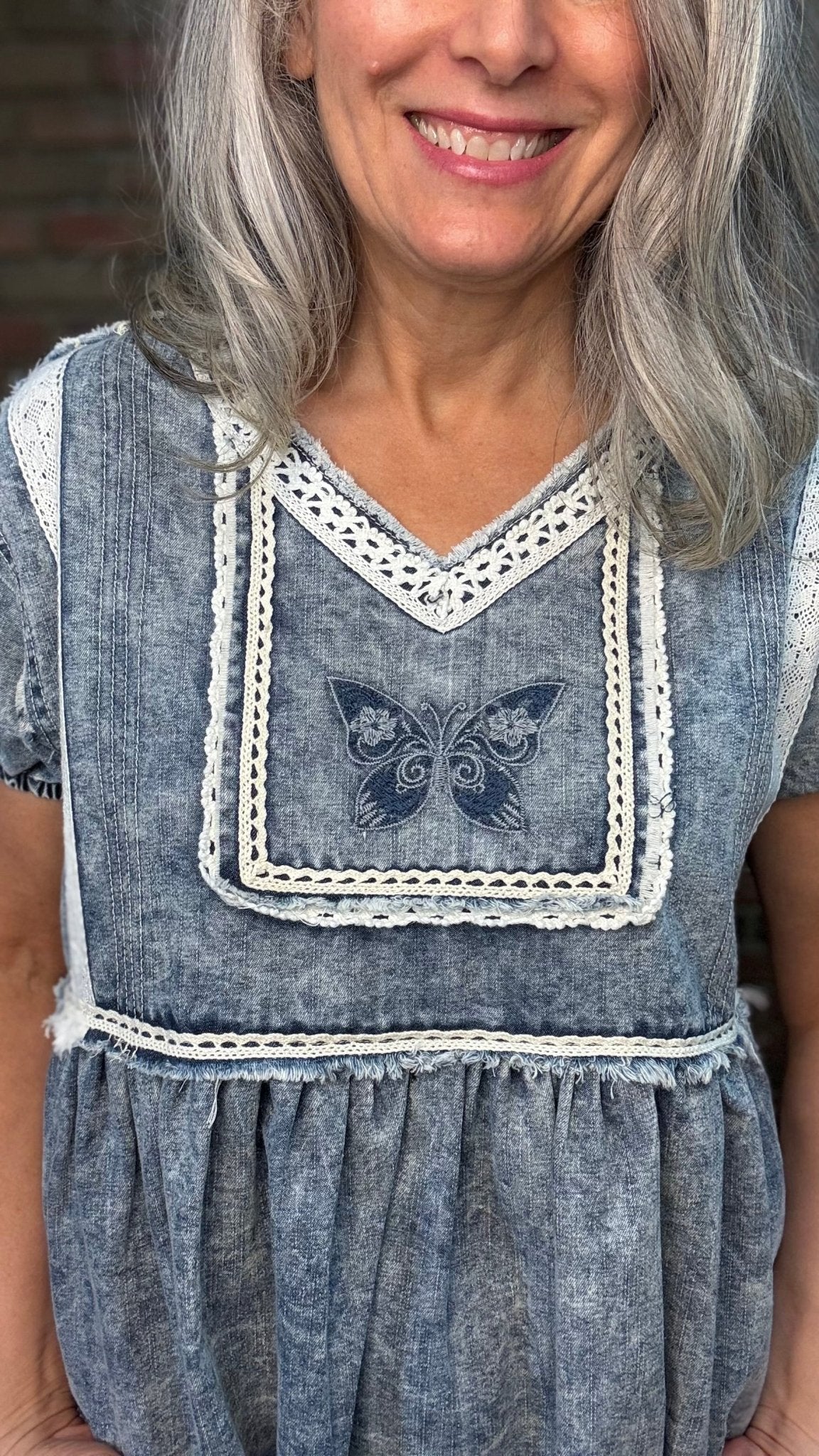 Denim Butterfly Baby Doll Top - Vintage Vault Boutique