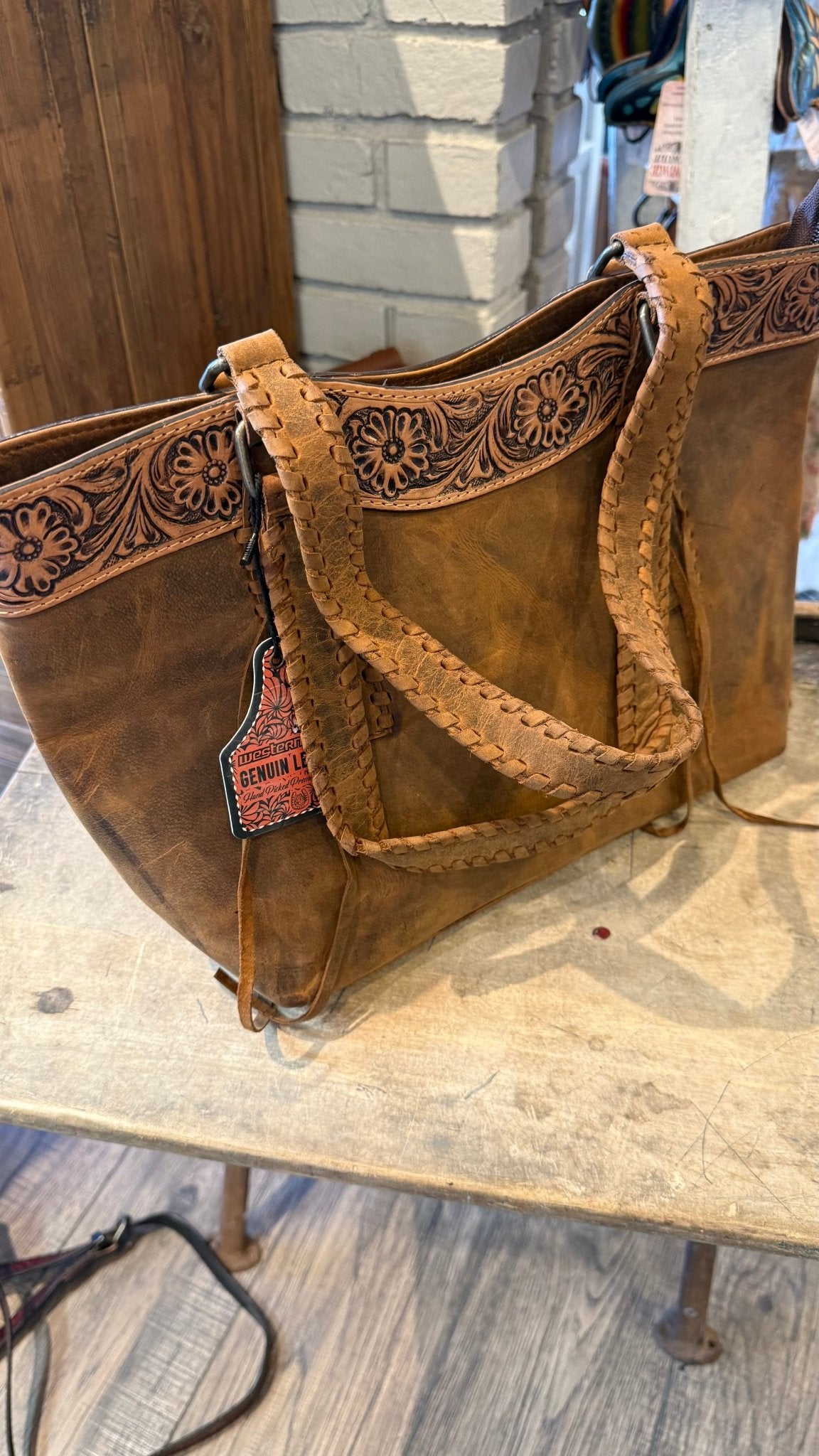 Brown Leather with Tooled Accents Handbag - Vintage Vault Boutique