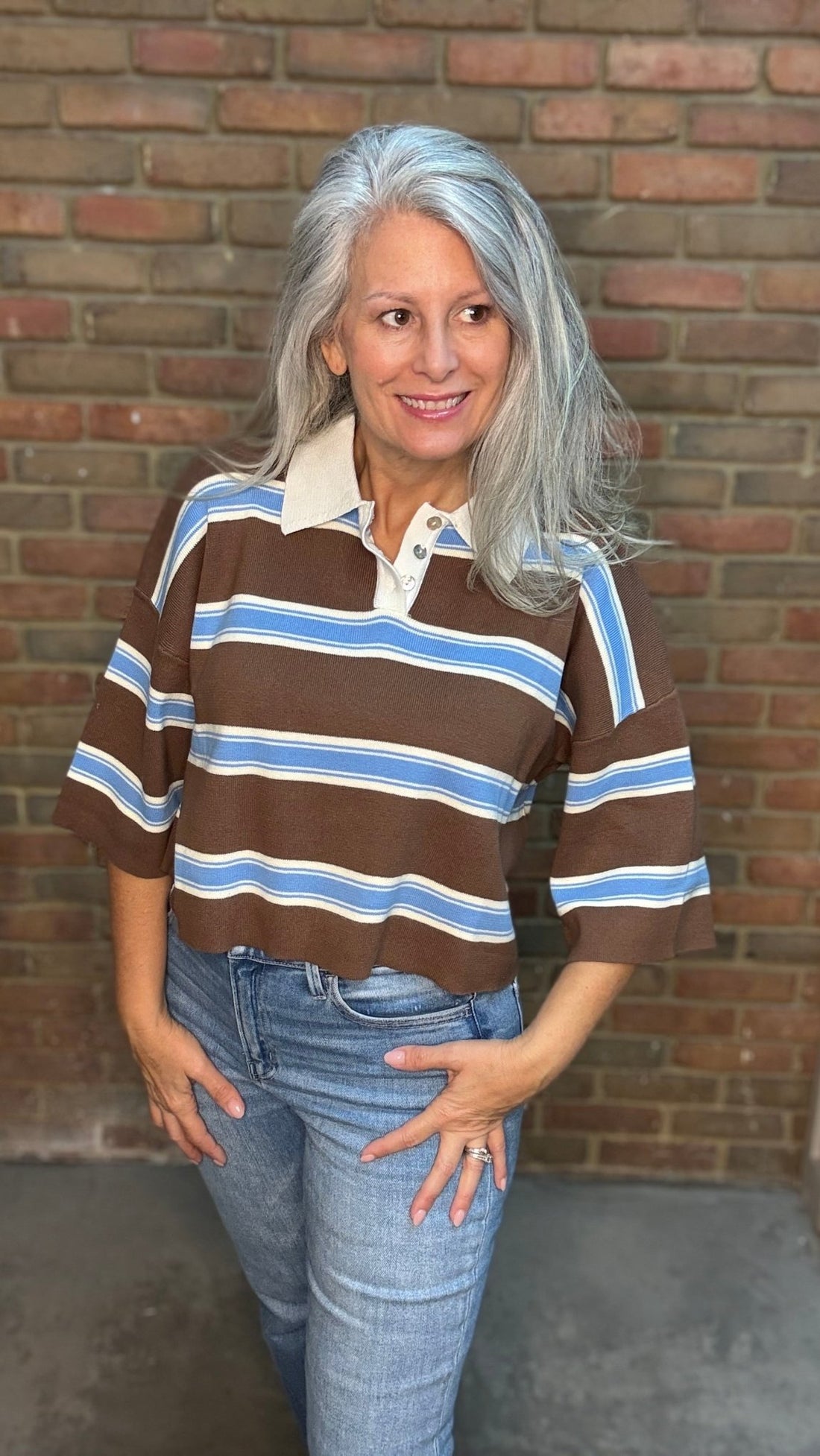 Cloud Cocoa Striped Polo Top - Vintage Vault Boutique
