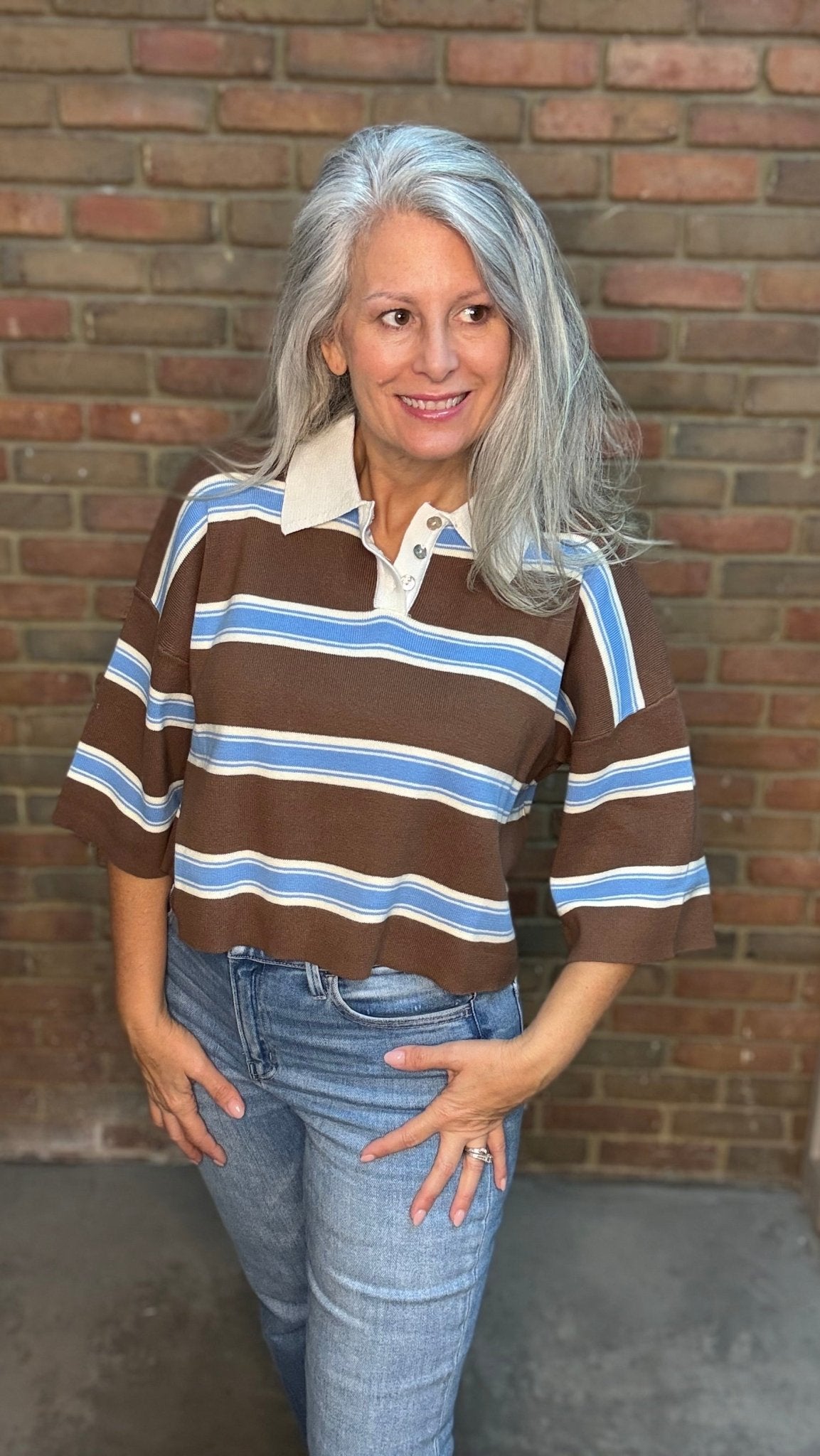 Cloud Cocoa Striped Polo Top - Vintage Vault Boutique
