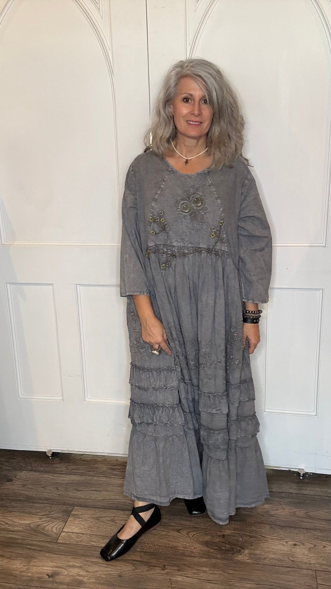 Gray Long Flare Dress with Ruffles