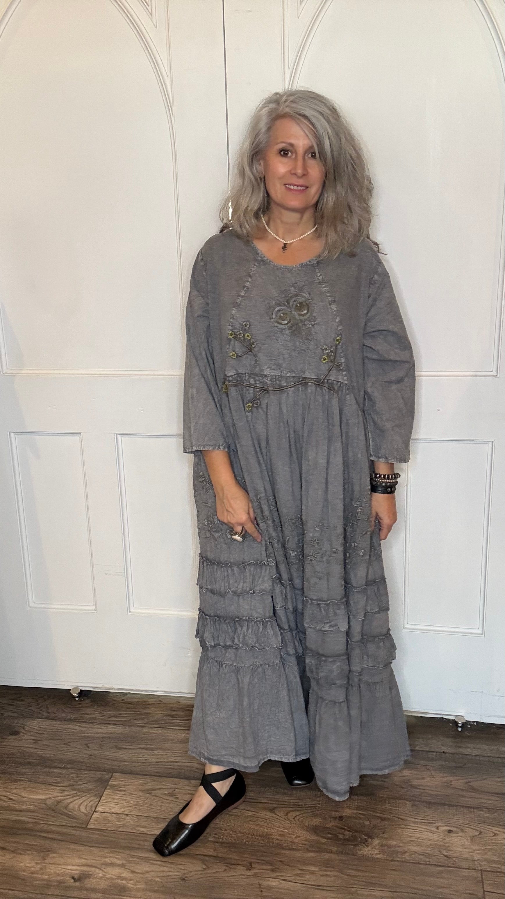 Gray Long Flare Dress with Ruffles