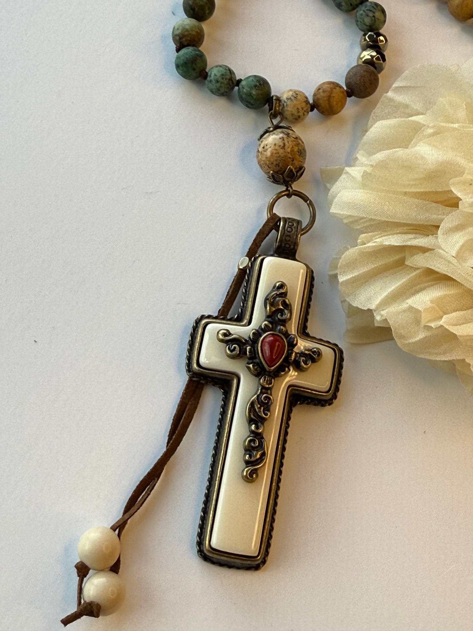 Bone Cross with Brass Center Embellishment Necklace - Vintage Vault Boutique