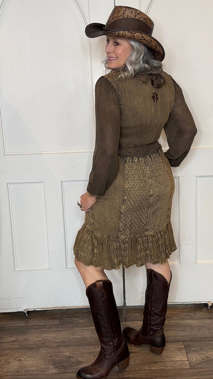 Woman in Amber Smocked Patchwork Babydoll dress and Lane&