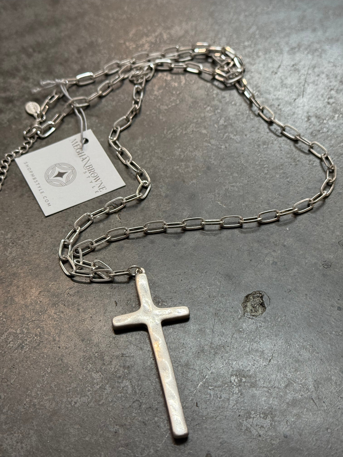 Long Silver Rugged Cross Necklace