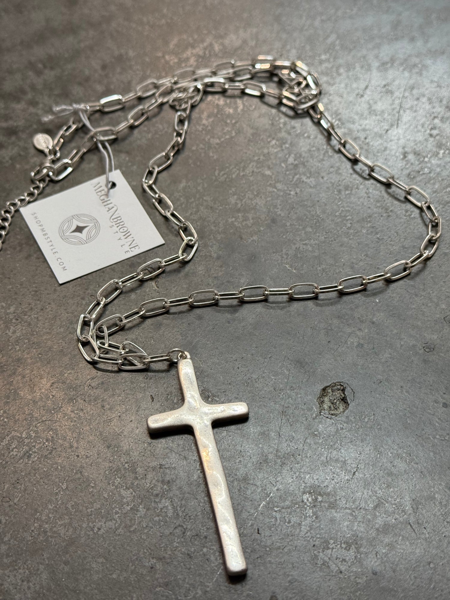 Long Silver Rugged Cross Necklace