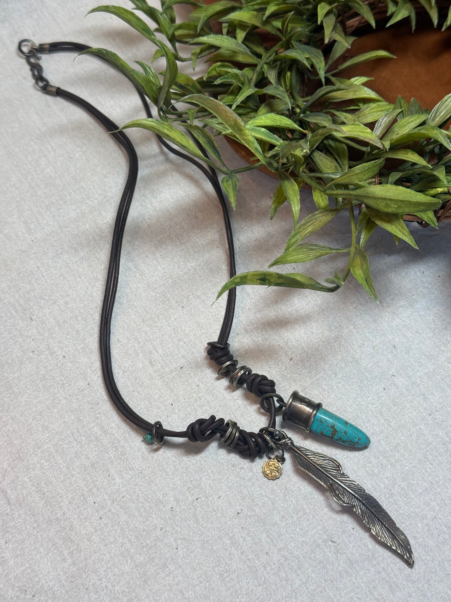 Turquoise Horn and Feather Leather Necklace