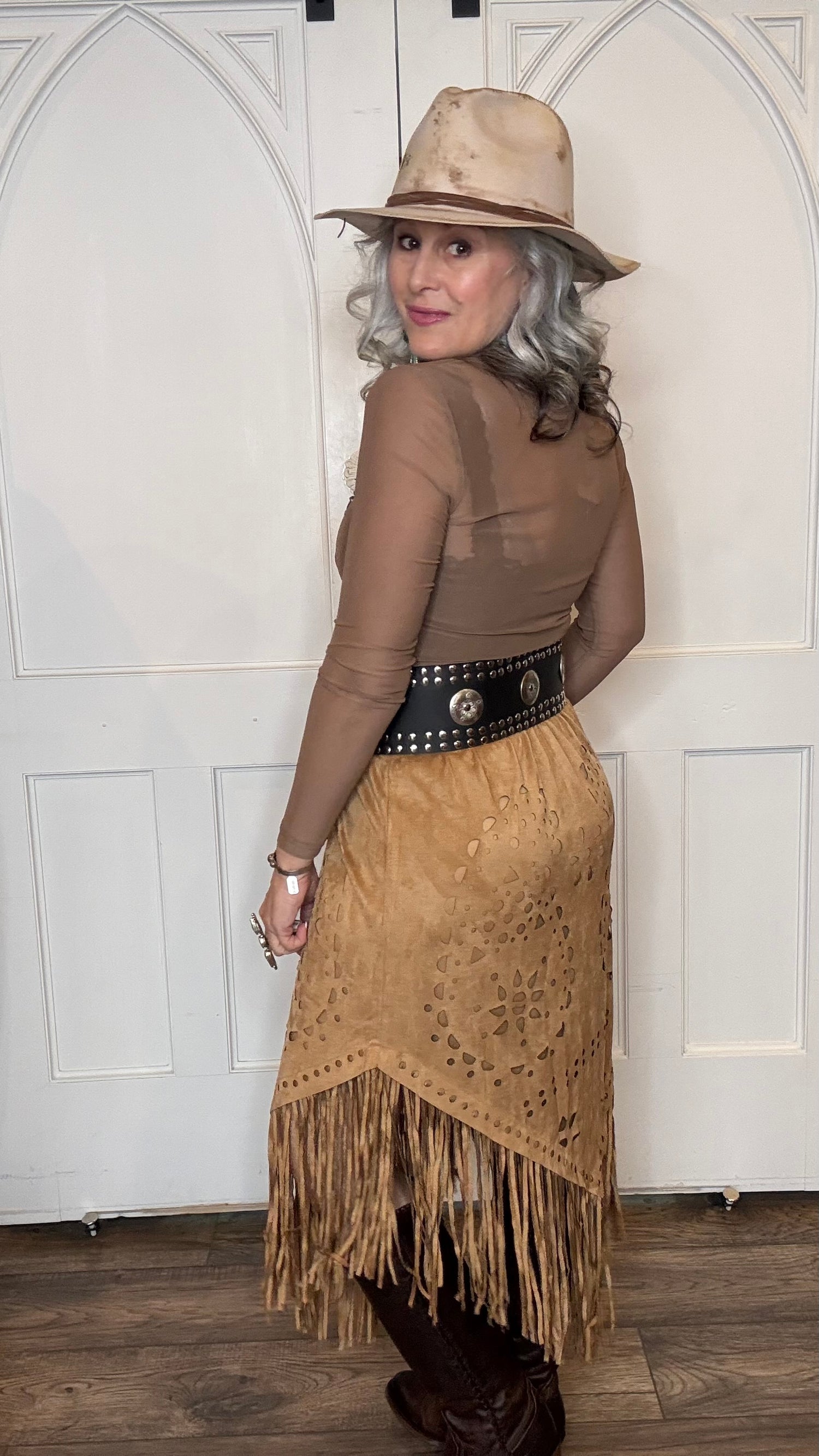 Camel Faux Suede Fringe Skirt
