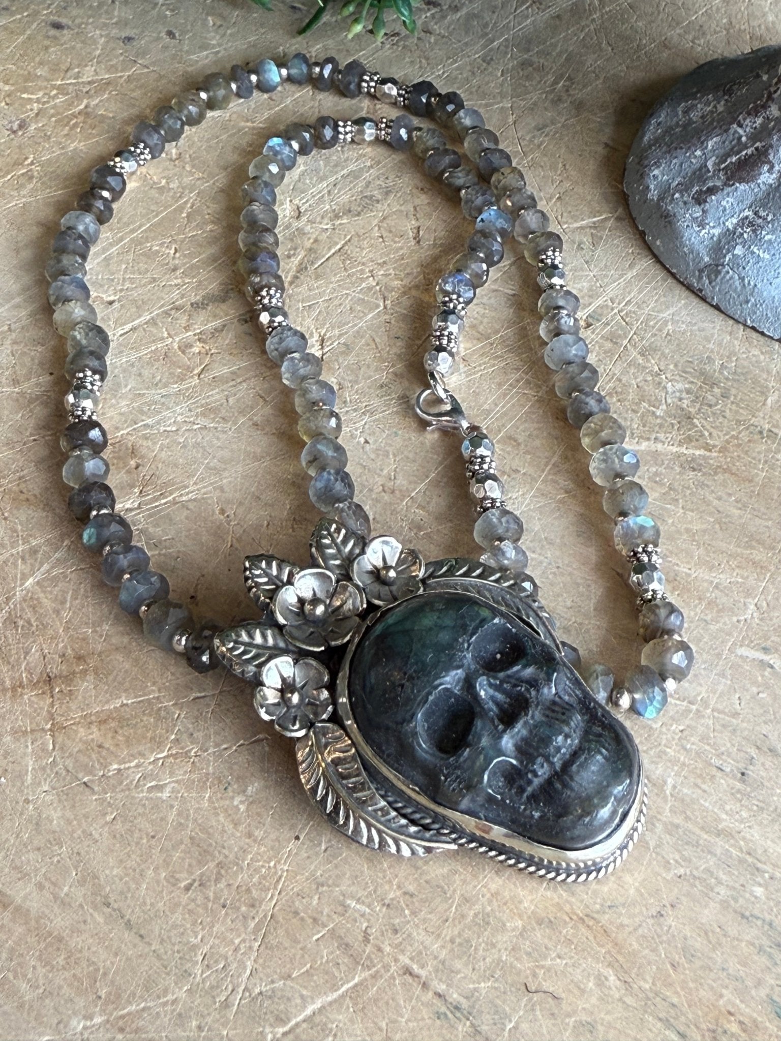 Labradorite Skull Necklace - Vintage Vault Boutique