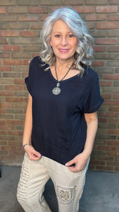 Navy V - Neck Top - Vintage Vault Boutique