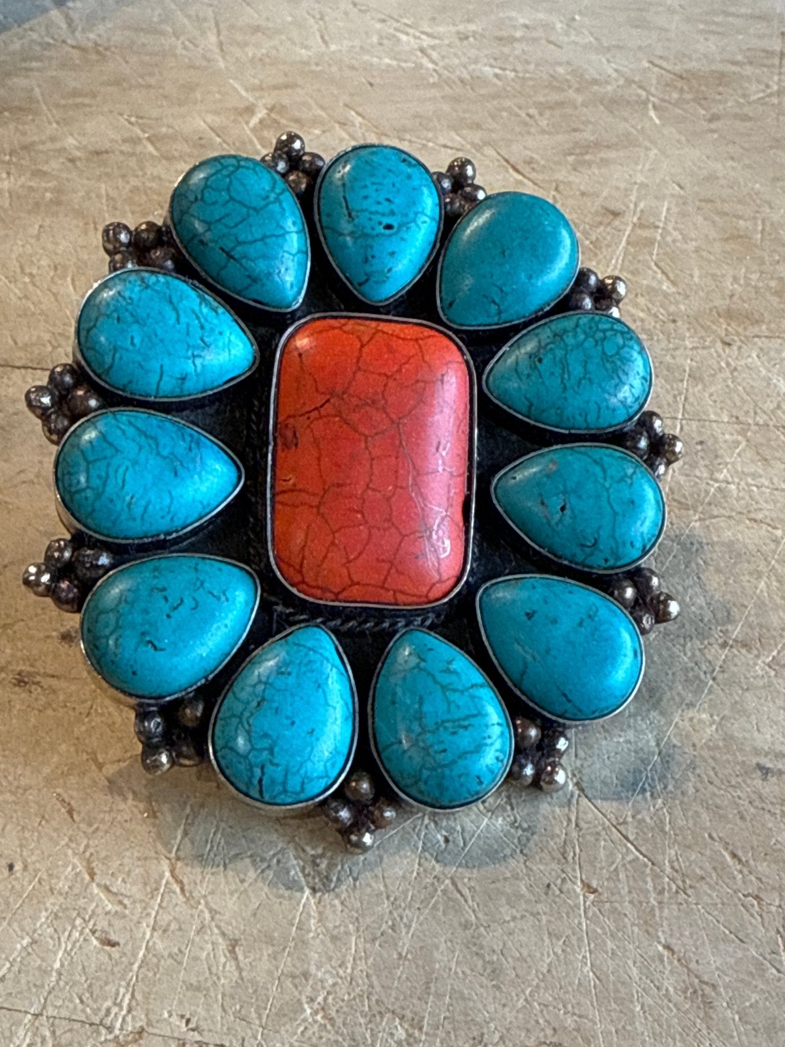 Large Turquoise and Red Stone Ring - Vintage Vault Boutique