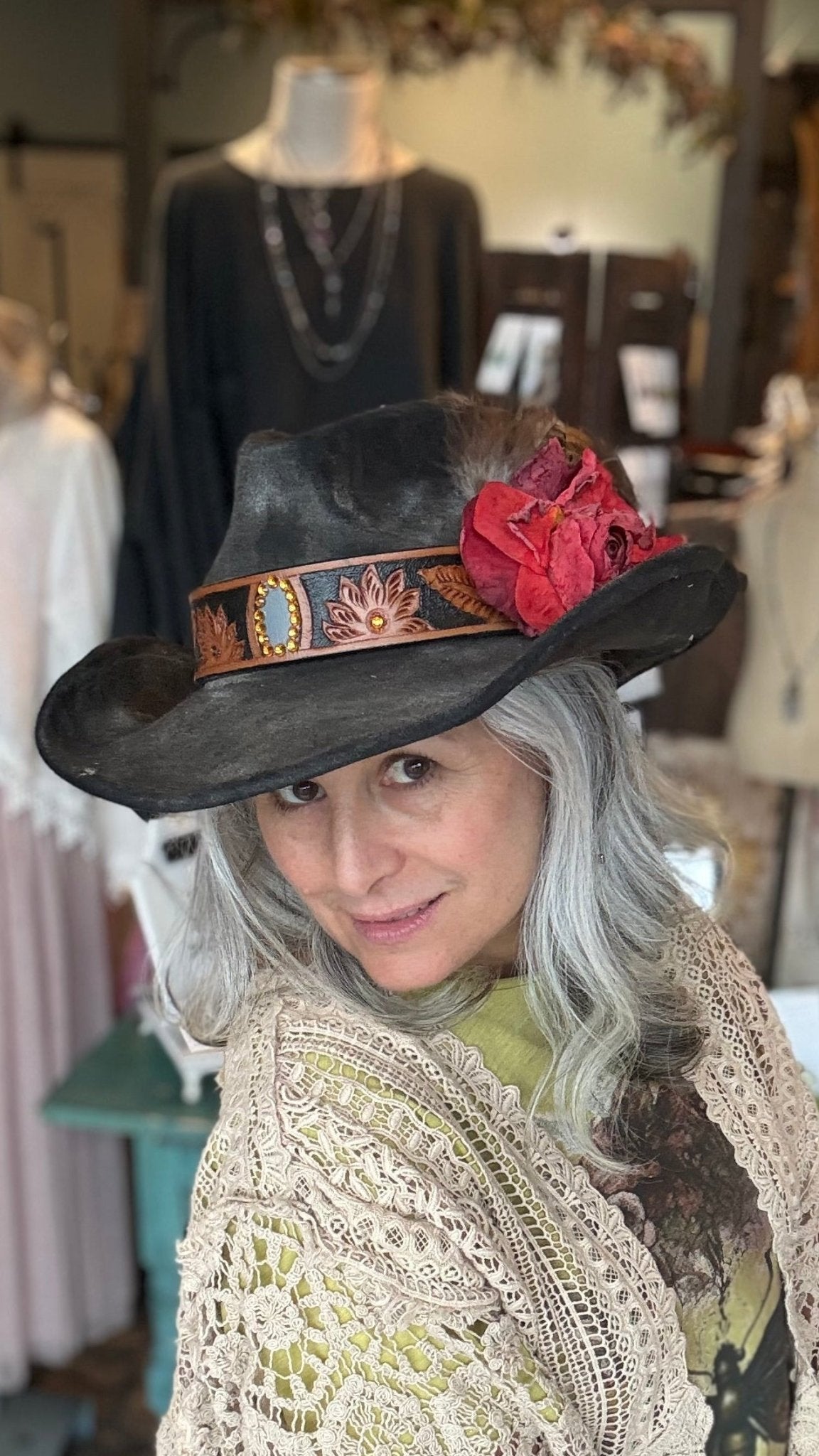 Red Rose Black Cowboy Hat by A Rare Bird - Vintage Vault Boutique