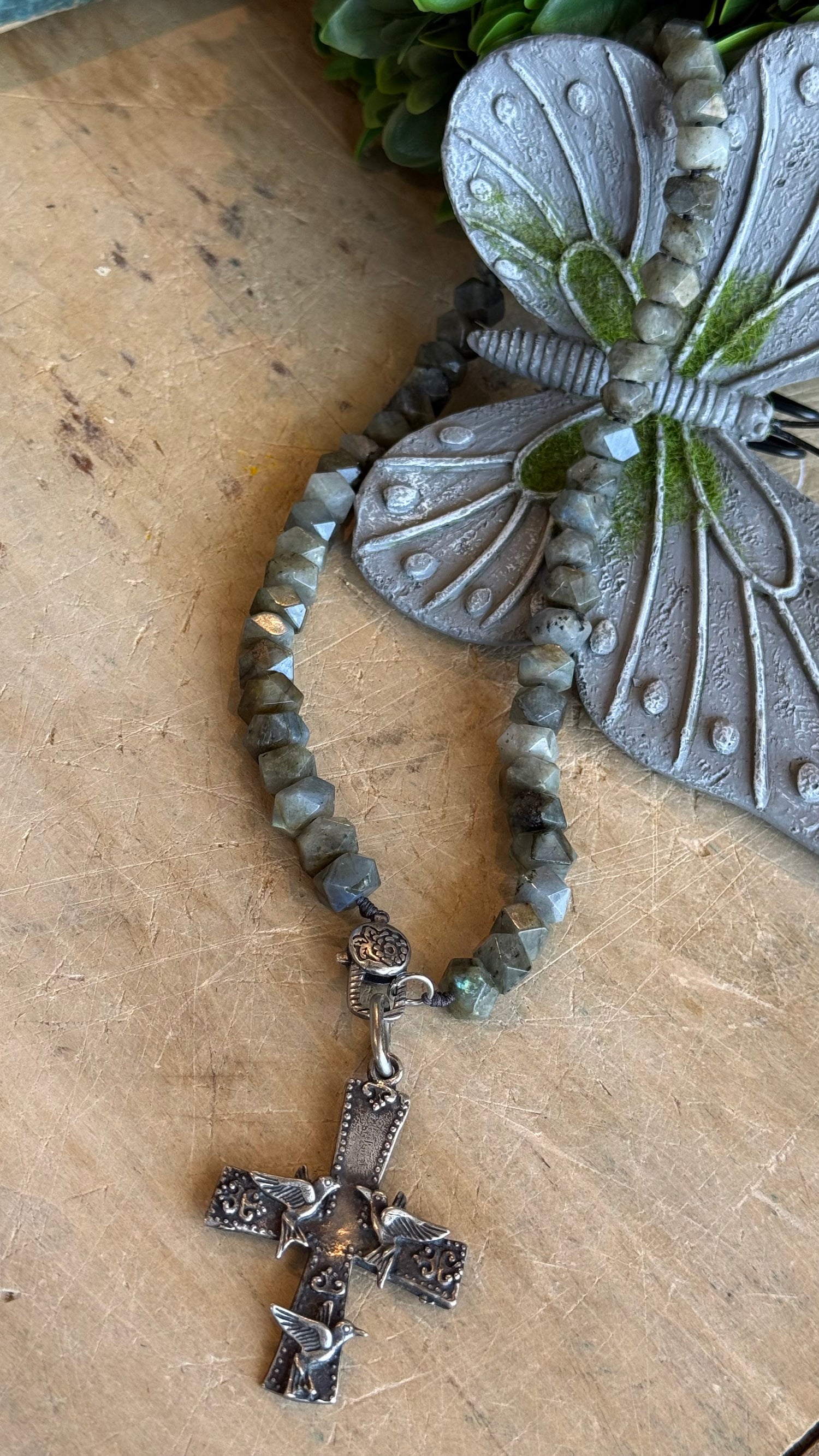 Bird Cross on Labradorite Charm Holder Necklace