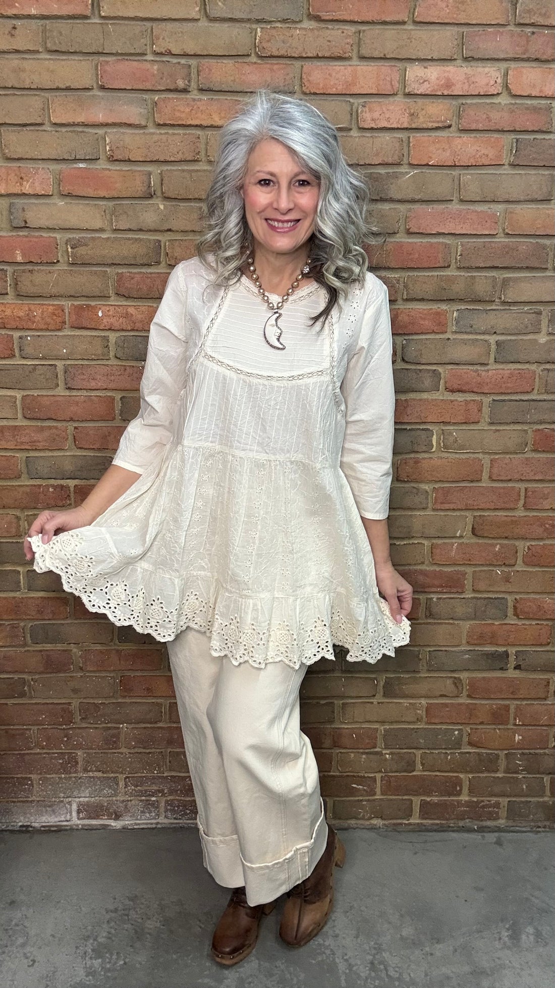 Open Lace Pin Tuck 3/4 Sleeve Top