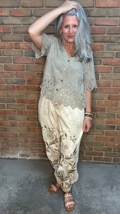 Taupe Crochet Accent Button Up