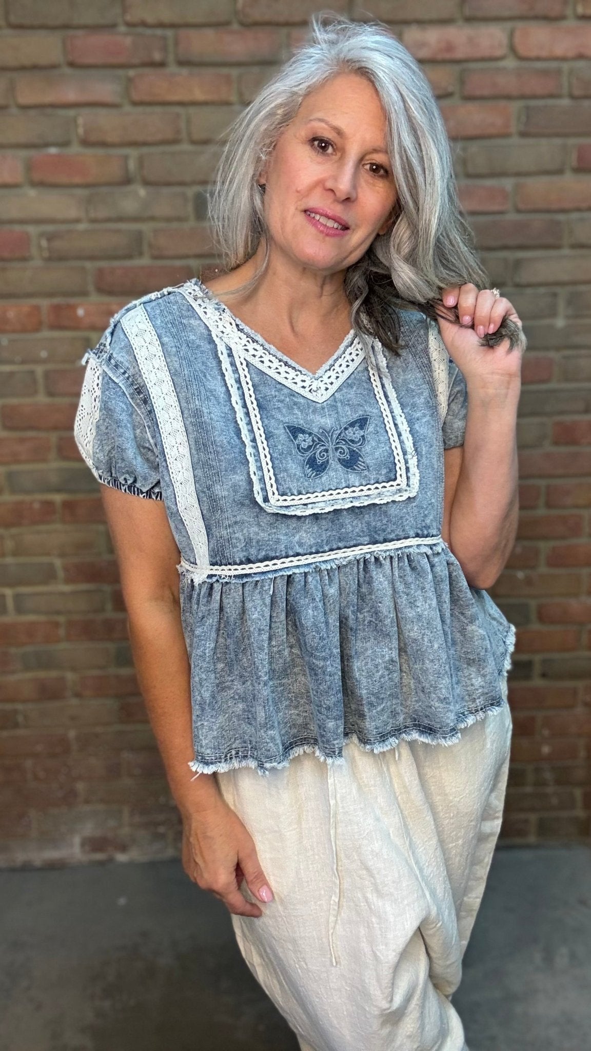 Denim Butterfly Baby Doll Top - Vintage Vault Boutique