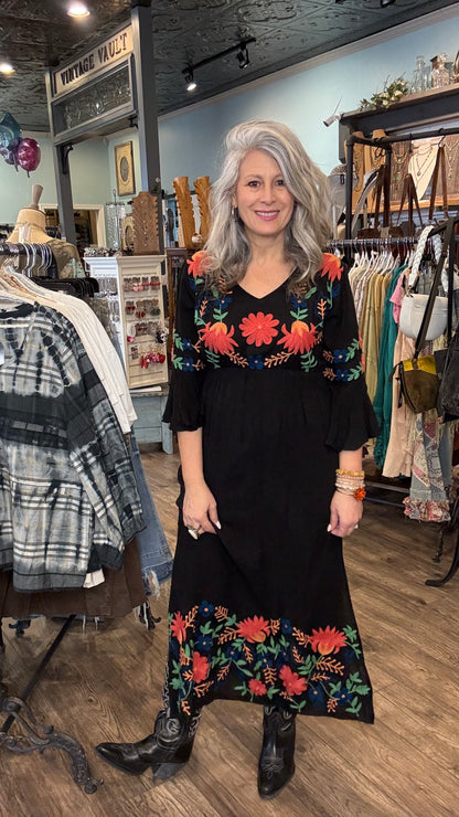 Black Embroidery Midi Dress