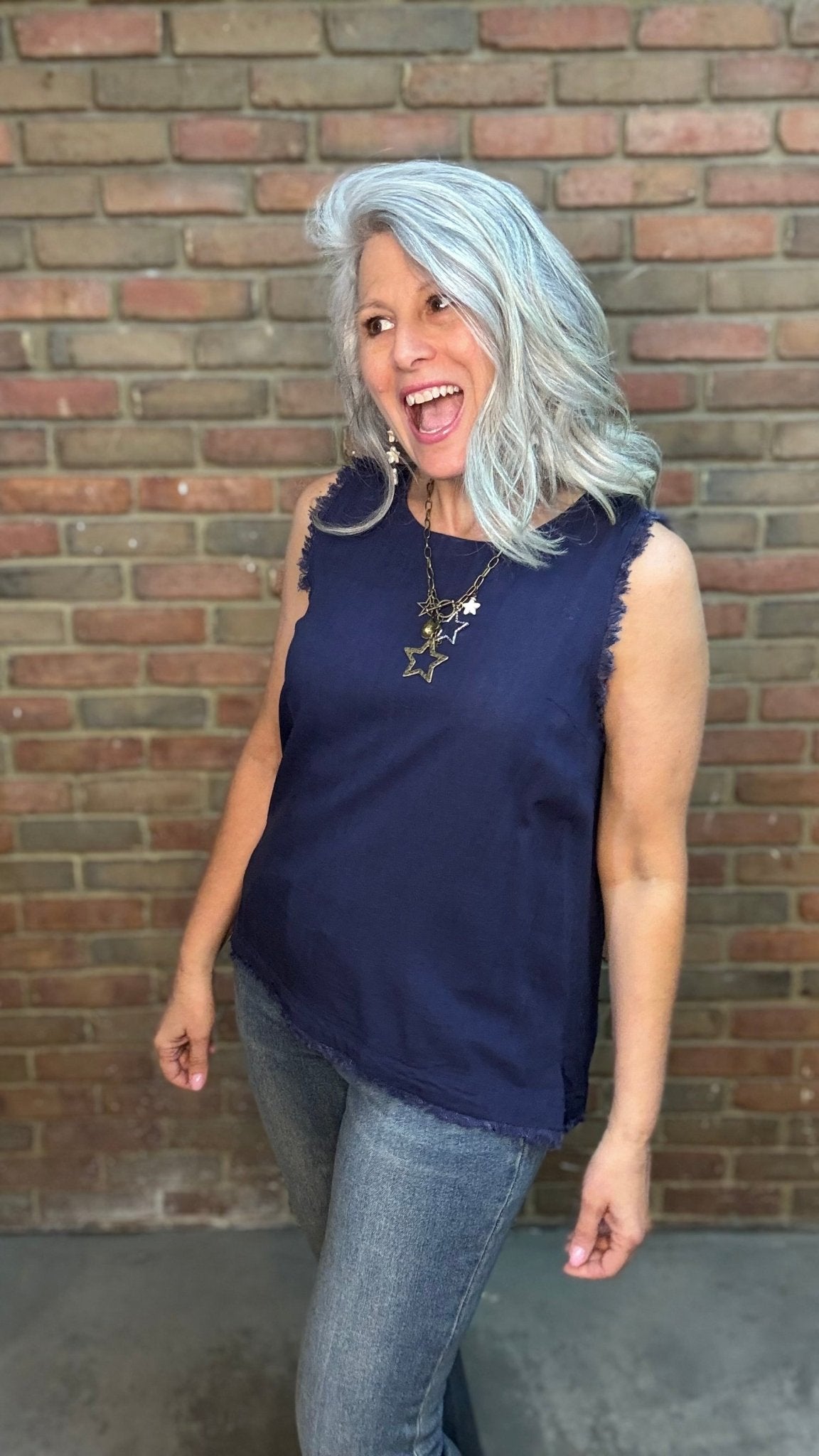 Navy Raw Edge Tank Top - Vintage Vault Boutique