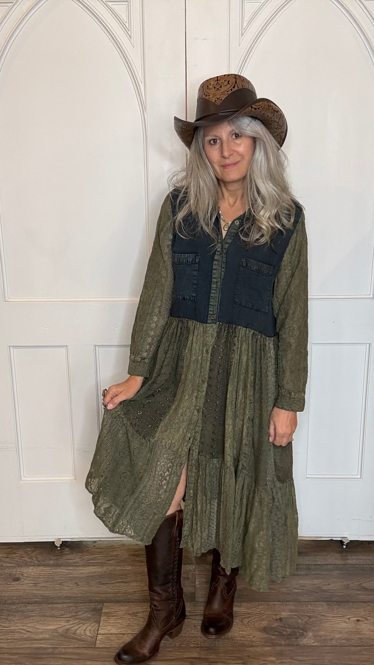 Button Front Patchwork Dress