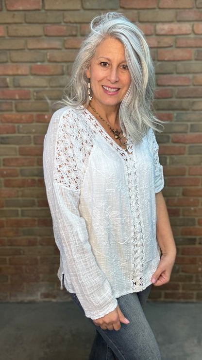 White V-Neck Embroidery Top