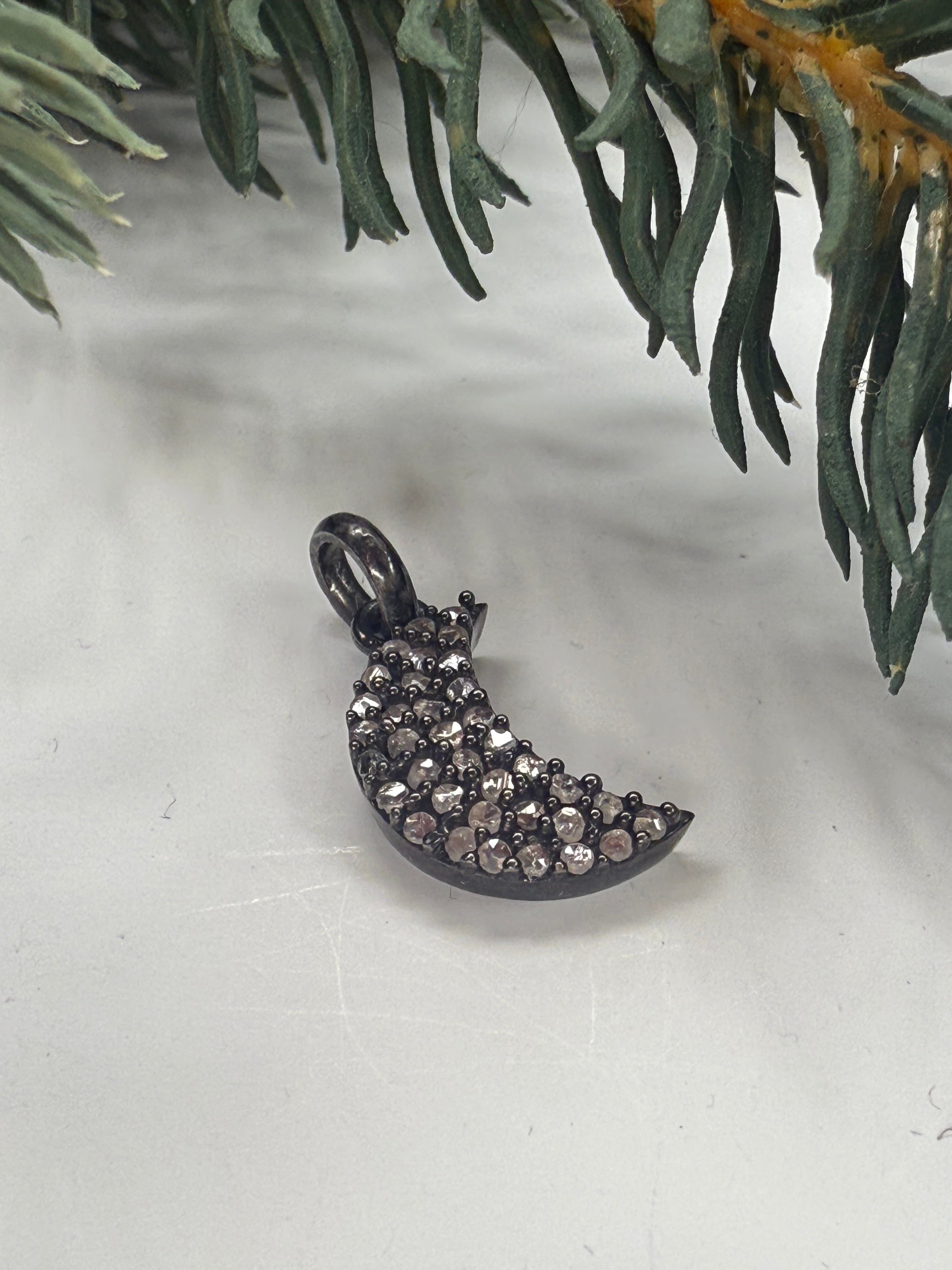 Decorative crescent moon pendant with diamonds on a white background with greenery.